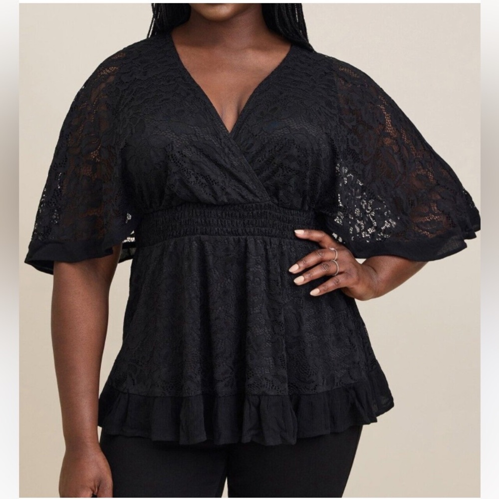 Womens Black Sheer Lace V-Neck Peasant Top Smocked Babydoll Grunge